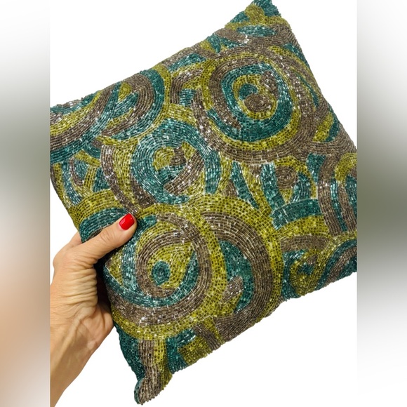 Nicole Miller Beaded Throw Pillow Green & Turquoise Blue 12” X 12” Square - Picture 1 of 3